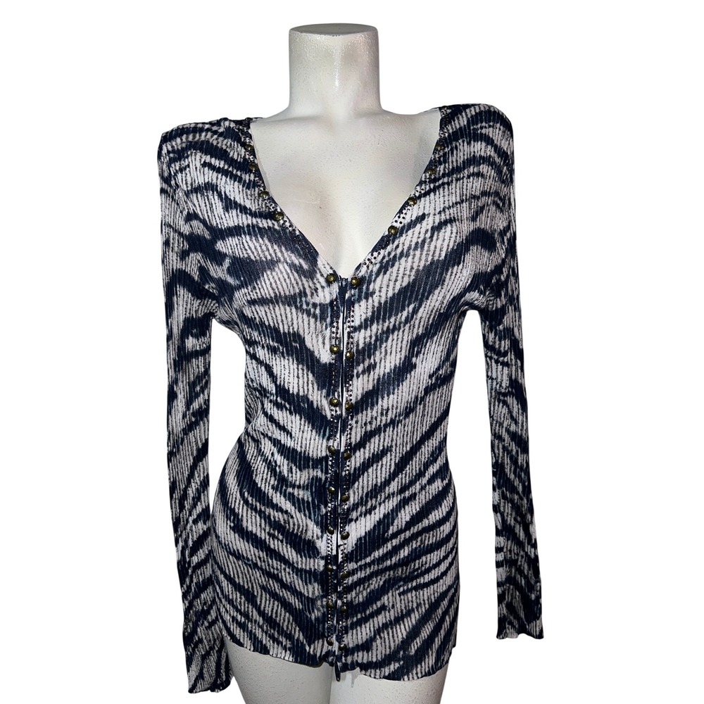 Alberto Makali Zebra Print Studded Rhinestone Zip Front Ribbed Knit Top XL Navy